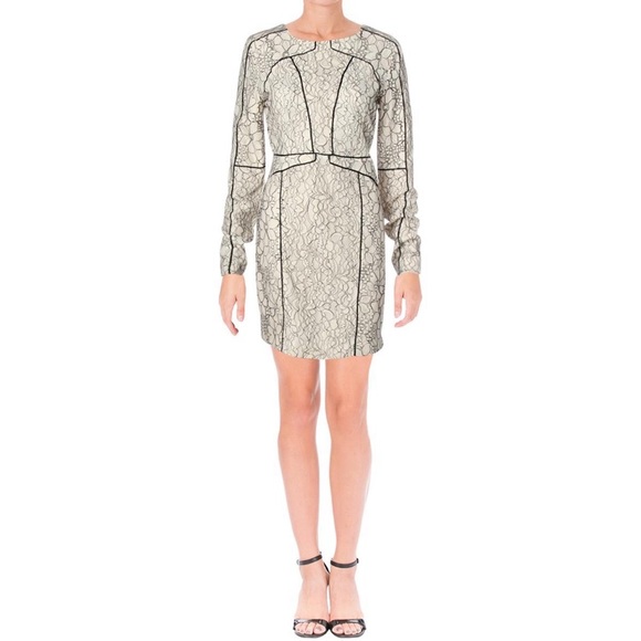 AQUA PIPED FLORAL LACE LONG SLEEVE MINI DRESS - Picture 1 of 8